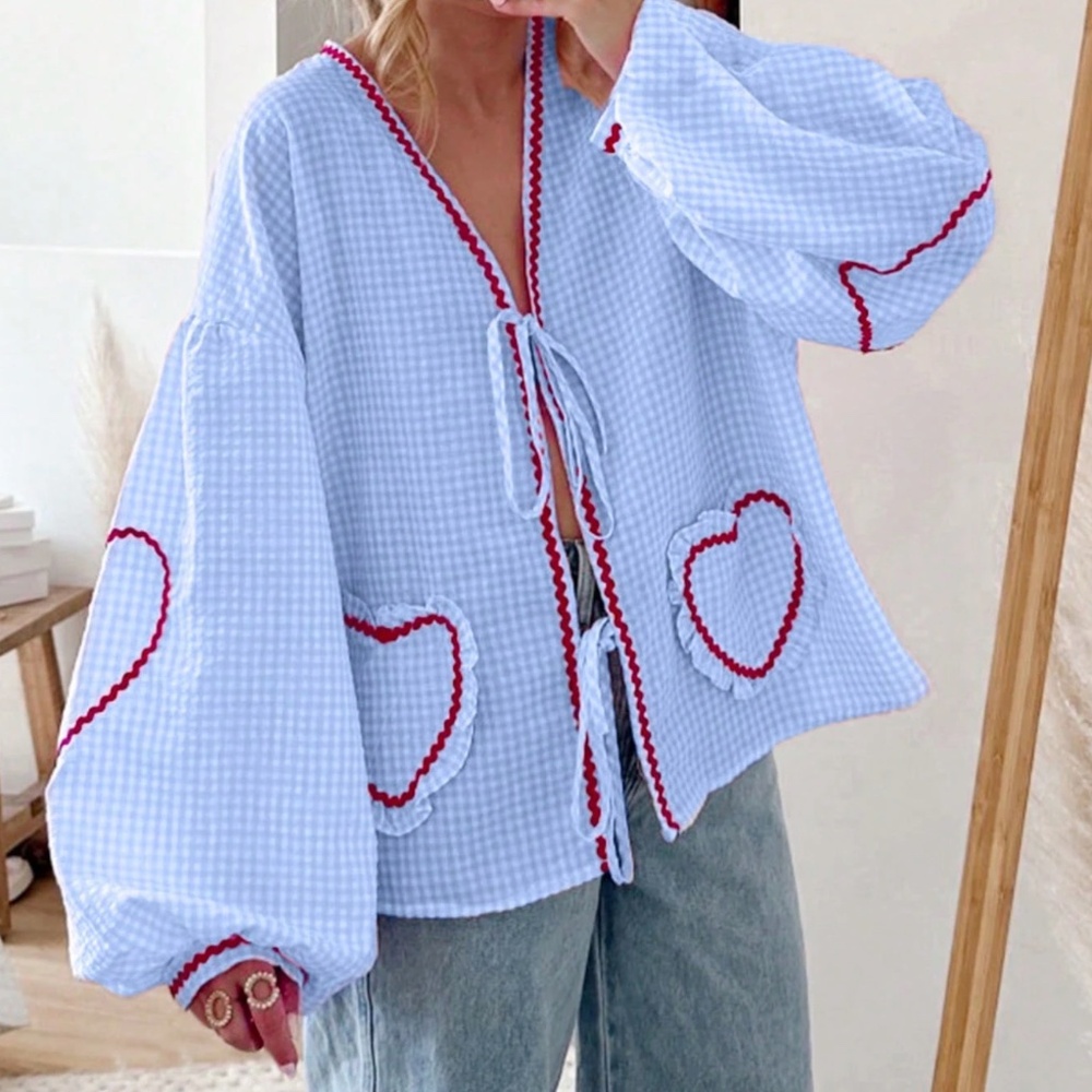 Med. Light Blue Med Gingham Long Sleeve Tie-Front Top with Red Heart Trim